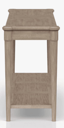 A slender console table with a rectangular top and four tapered legs. The table features two drawers with simple, round metal pulls. The lower shelf has a woven cane insert with a linear pattern. — 3D model
