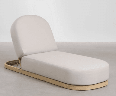 A modern upholstered chaise lounge with a light-colored fabric and an adjustable rounded backrest, set on a curved wooden sled base. — 3D model