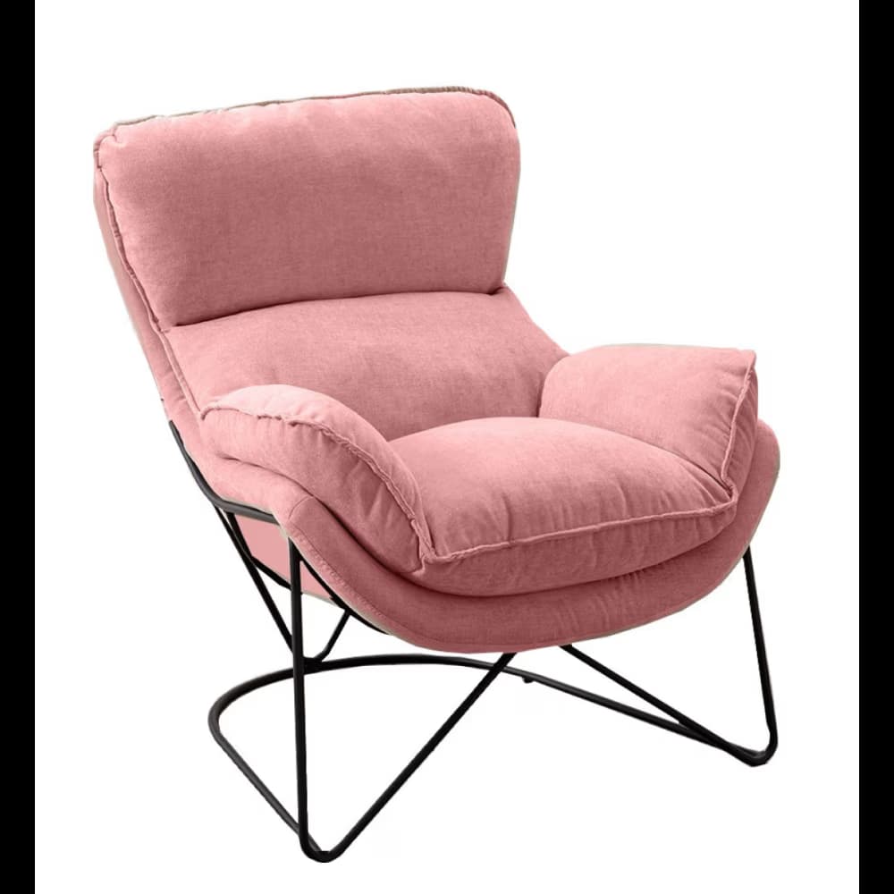 A plush, pink armchair with a contemporary design. The chair features a deep, comfortable seat and a high back, with generously padded armrests. The upholstery appears to be a soft, textured fabric. The base is constructed from thin, black metal rods arranged in an angular, geometric pattern, providing a striking contrast to the soft form of the seat. — 3D model
