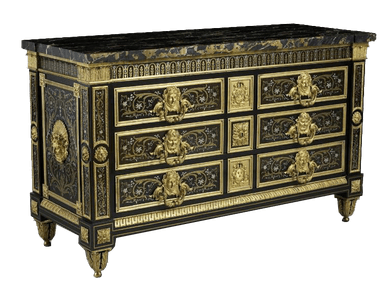 An opulent French Empire style commode, featuring a rectangular black marble top over an ebonized wooden frame. The piece is richly decorated with gilded bronze mounts and intricate marquetry patterns. It presents a symmetrical design with multiple drawers adorned with lion head pull handles and classical motifs. — 3D model