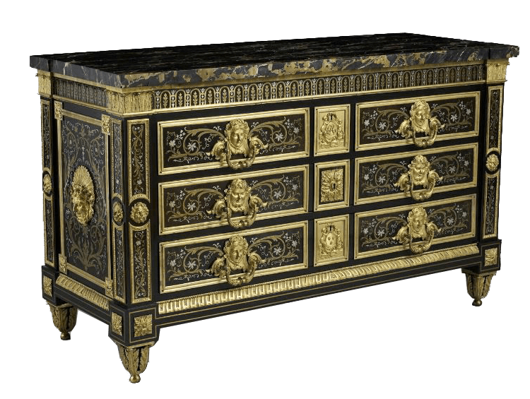 An opulent French Empire style commode, featuring a rectangular black marble top over an ebonized wooden frame. The piece is richly decorated with gilded bronze mounts and intricate marquetry patterns. It presents a symmetrical design with multiple drawers adorned with lion head pull handles and classical motifs. — 3D model
