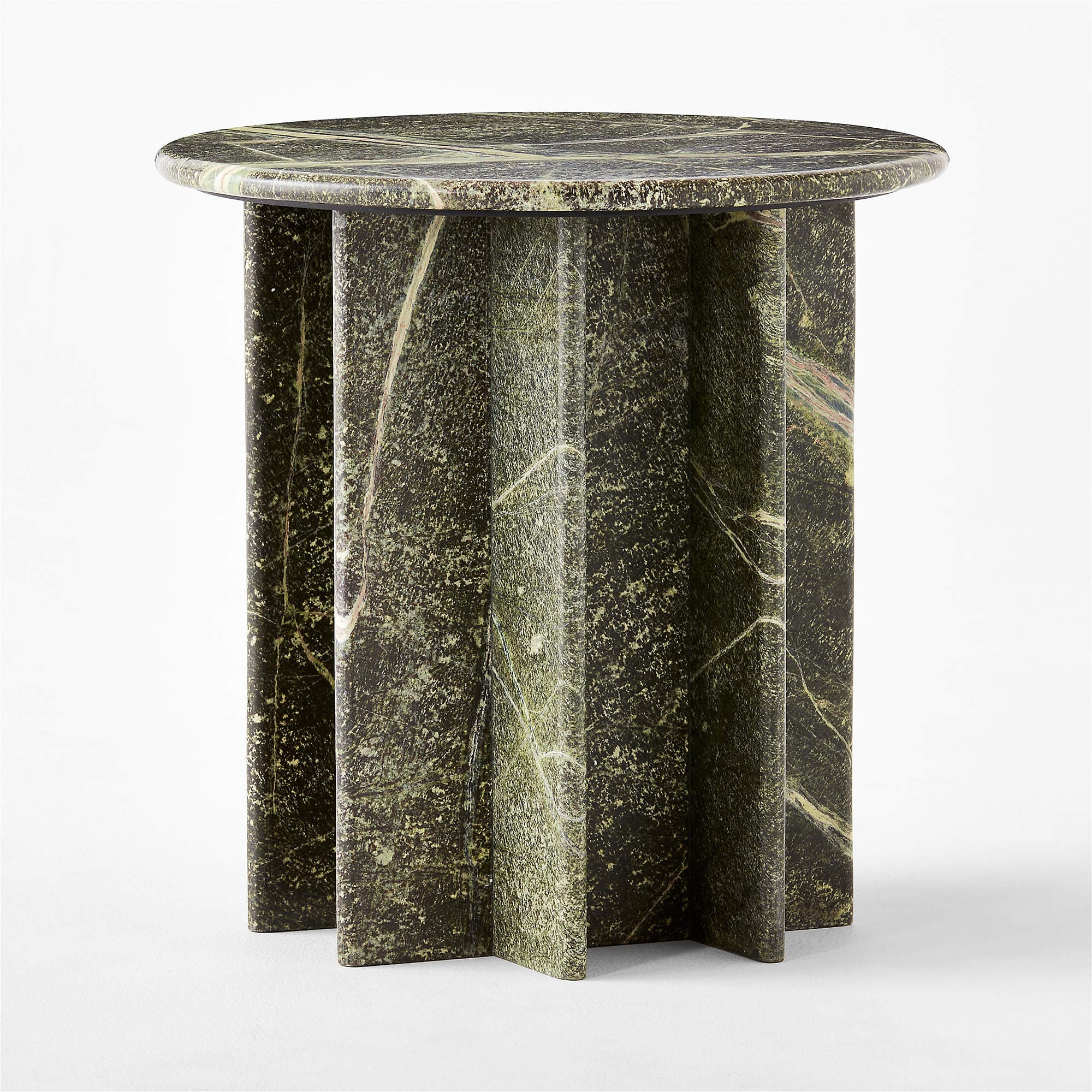 A cylindrical side table with a fluted pedestal base and a circular top. The table is constructed from a dark green marble with prominent lighter green and white veining, giving it a natural, textured appearance. The pedestal features vertical grooves that create a ribbed effect. — 3D model