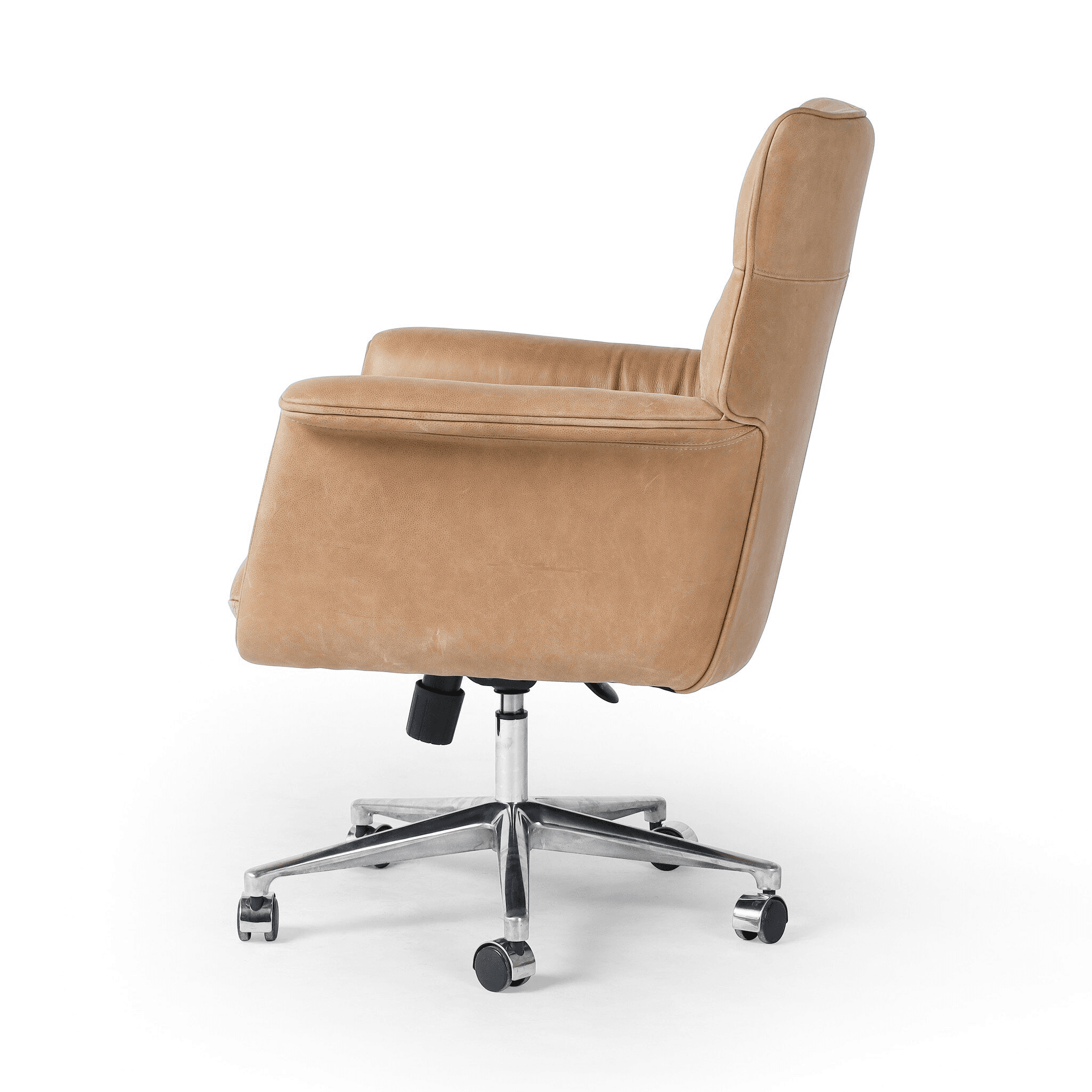 A tan upholstered office chair with a high back, padded armrests, and a chrome five-star base with casters, designed for executive use. — 3D model