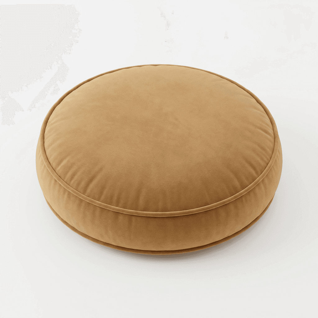 A circular, thick floor cushion upholstered in a soft, golden-brown velvet-like fabric. It features piping around its circumference on both the top and bottom edges, defining its plush, structured shape. The cushion is designed for comfortable, low-level seating or as a footrest. — 3D model