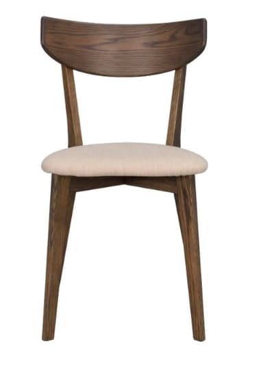 A modern armless dining chair featuring a dark-stained wooden frame, an upholstered seat in a light beige fabric, and a gently curved backrest. The legs are tapered, and the overall design is sleek and contemporary. — 3D model