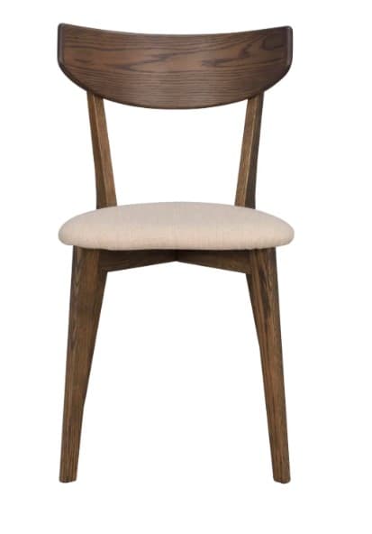 A modern armless dining chair featuring a dark-stained wooden frame, an upholstered seat in a light beige fabric, and a gently curved backrest. The legs are tapered, and the overall design is sleek and contemporary. — 3D model