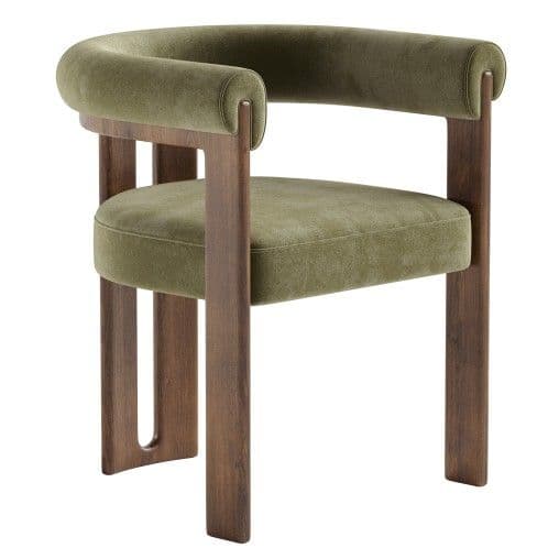 An upholstered dining chair with a curved, continuous back and armrests, featuring olive green velvet-like fabric and a dark wood frame. — 3D model