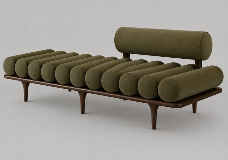 A mid-century modern daybed featuring a dark wooden frame and segmented, cylindrical olive green fabric bolster cushions for the seat, complemented by a single larger cylindrical bolster serving as the backrest. The frame includes elegantly tapered legs, giving the piece a floating, minimalist aesthetic. The overall design emphasizes clean lines and functional comfort. — 3D model