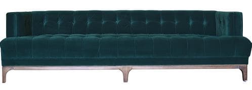A long, upholstered sofa with tufted detailing on the back and seat. The sofa features a sleek, minimalist base and armrests, with a deep teal or emerald green velvet upholstery. The tufting creates a diamond pattern across the entire seating surface and backrest. — 3D model