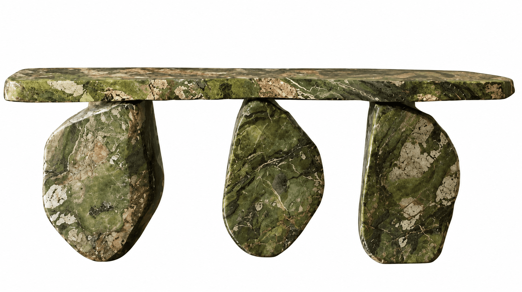 A contemporary bench crafted entirely from green and white veined marble, featuring a rectangular top slab supported by three substantial, organically shaped pillar legs. — 3D model