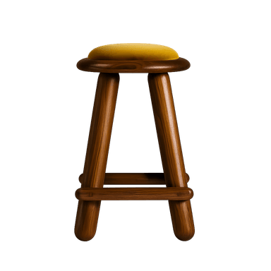 A modern stool with a round, upholstered seat and a wooden base. The base consists of three legs connected by a lower horizontal support. The legs are cylindrical and tapered towards the bottom, and the seat cushion appears to be made of velvet fabric. — 3D model