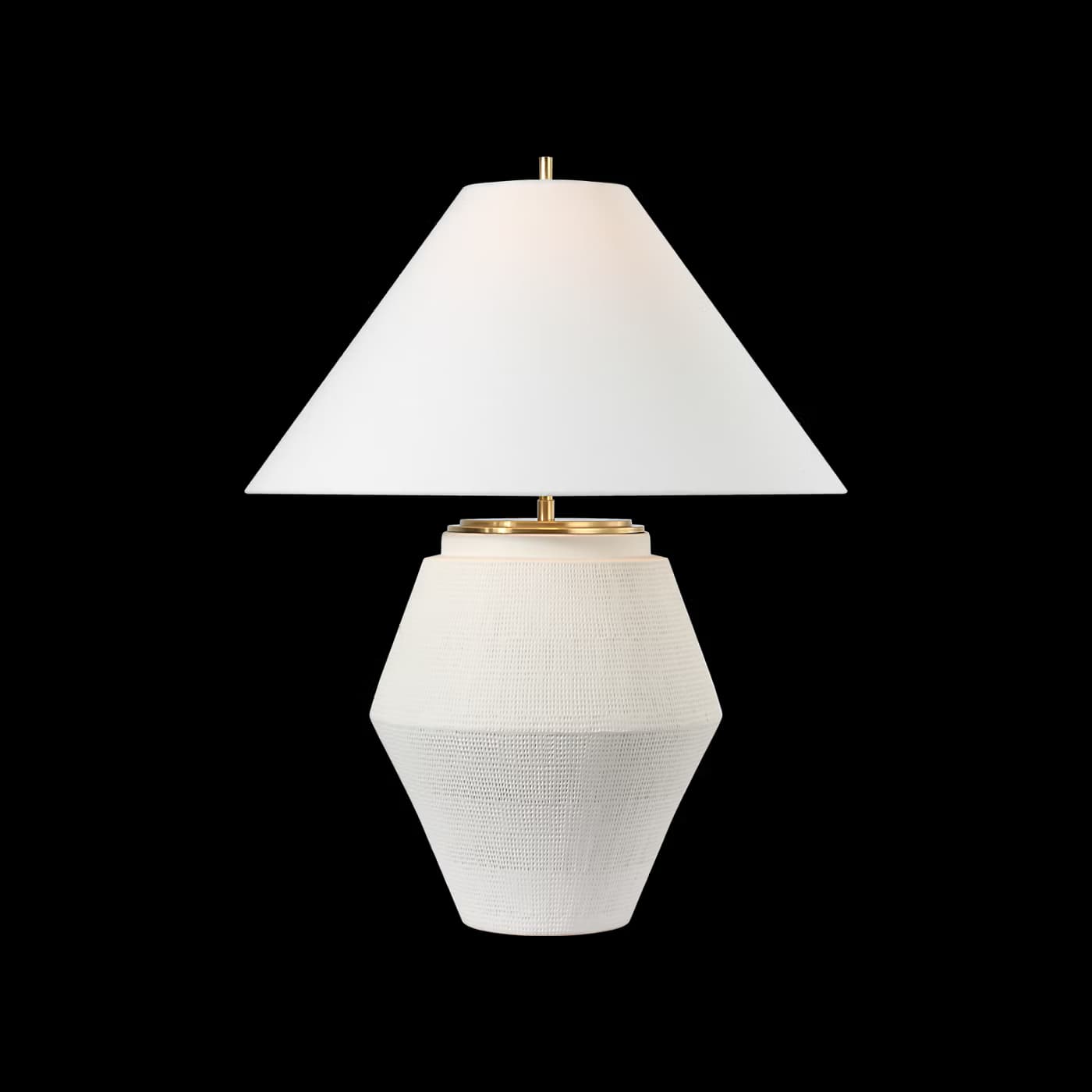 A white table lamp with a conical shade and a textured, geometric base. The base has a ribbed or woven texture and tapers downwards. A brass accent connects the shade to the base. — 3D model
