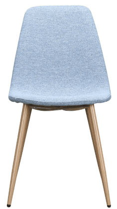 A contemporary dining chair featuring a light blue upholstered seat and backrest, integrated into a single, ergonomically contoured shell. The chair is supported by four slender, tapered metal legs, which are angled slightly outward. The overall design is clean and minimalist. — 3D model