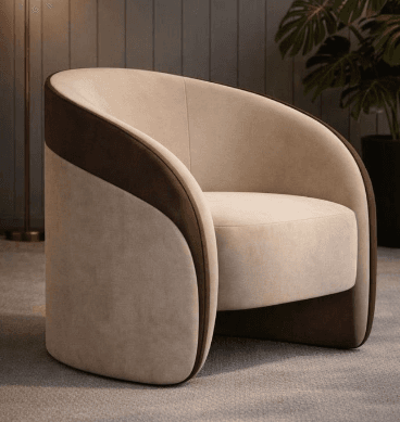 A contemporary barrel-shaped armchair featuring two-tone fabric upholstery with a light beige interior and a contrasting dark brown exterior. — 3D model