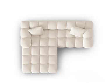 A sectional sofa viewed from a top-down perspective. It features a tufted design with square indentations across the seat and back cushions. Two accent pillows, also tufted, are placed on the seating surface. The sofa has an L-shaped configuration. — 3D model