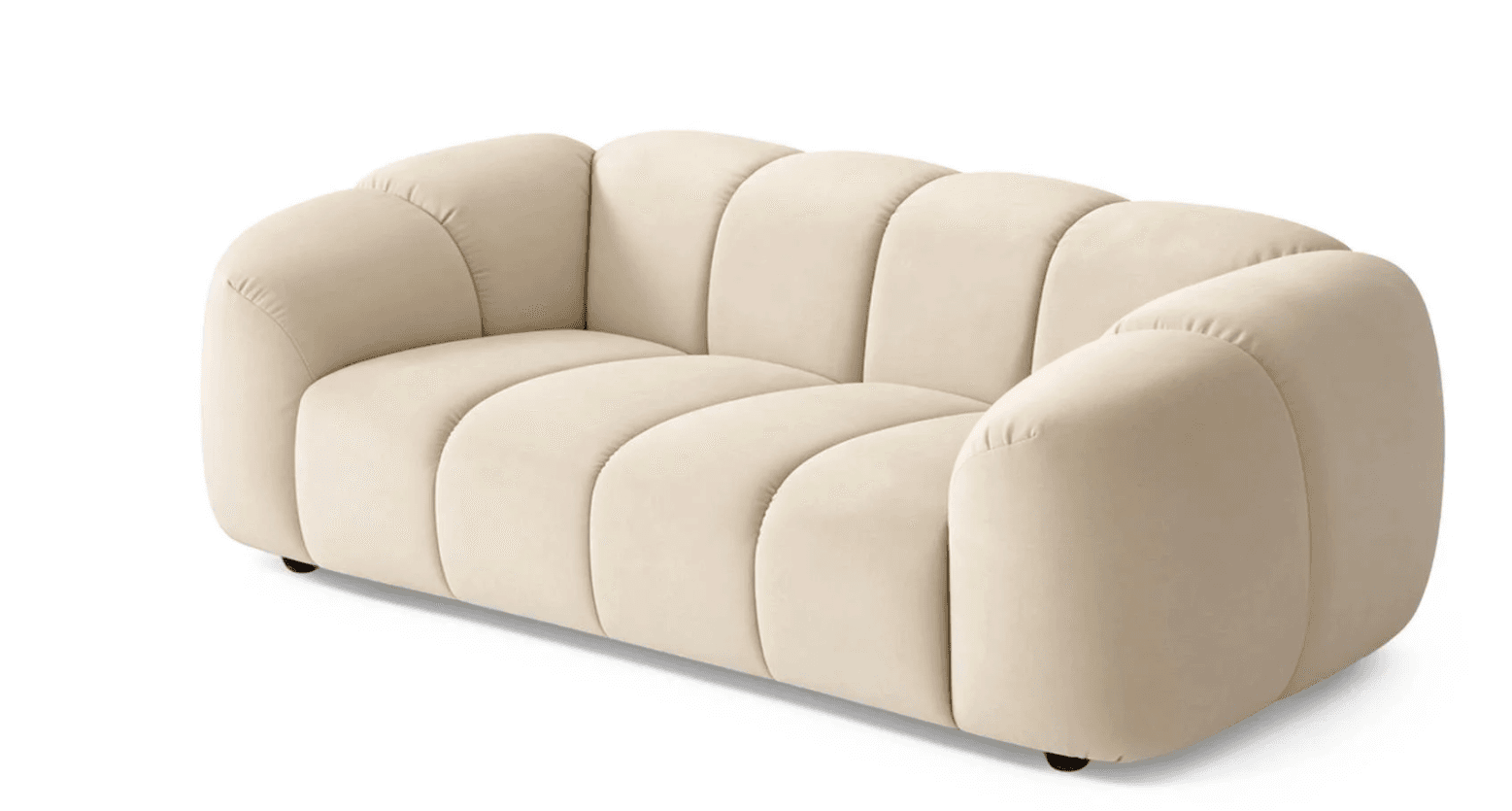 A contemporary sofa with a plush, channel-tufted design. The sofa features rounded, organic shapes with vertically segmented cushioning on the back and seat. It has integrated armrests that flow seamlessly into the backrest and a low profile. The piece is upholstered in a soft-touch fabric and rests on small, dark-colored legs. — 3D model