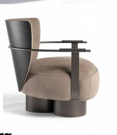 A sophisticated contemporary lounge armchair featuring a rounded, plush upholstered seat and backrest in a neutral beige or taupe tone. The chair is supported by a dark metallic frame that forms the base and extends upwards to encompass the back and form the armrests. The armrests have padded sections for comfort. The chair rests on a cylindrical swivel base, also in a dark metallic finish. — 3D model