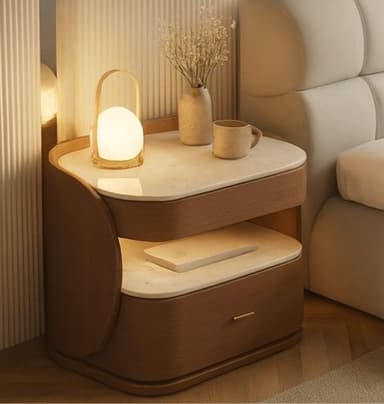 A contemporary nightstand featuring a rounded, organic design crafted from light-toned wood, complemented by cream-colored marble surfaces on the top and an open shelf. It includes a single drawer with a subtle brass pull. — 3D model