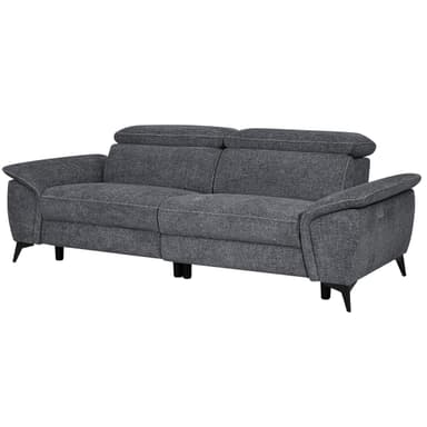 A modern grey fabric sofa with visible stitching, featuring adjustable headrests and black tapered metal legs. The presence of control buttons on the armrest indicates a reclining mechanism. — 3D model