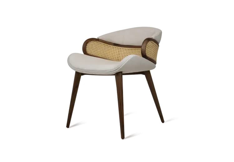 An upholstered armchair with a curved cane backrest, a dark stained wooden frame, and tapered legs. The seat and armrests are upholstered in a light, possibly off-white, fabric. — 3D model