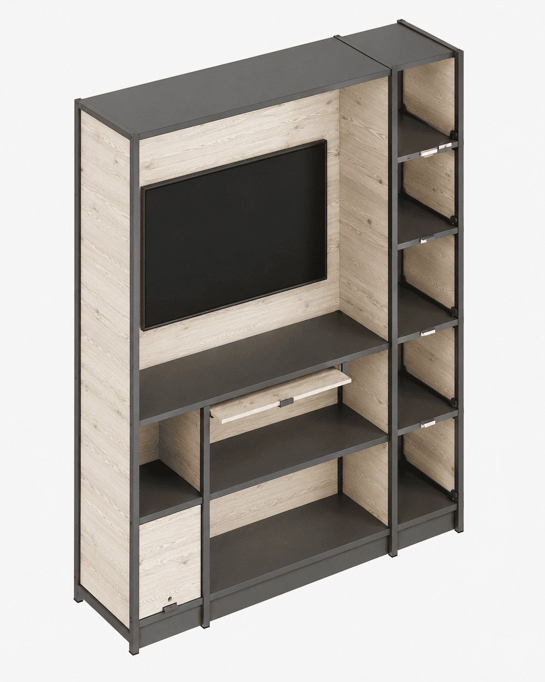 A modern modular entertainment and storage wall unit, featuring a central section designed to house a television, flanked by shelving units and incorporating a pull-out desk surface. The construction combines dark gray panels with light wood-grain accents, set within a dark gray metallic or wood-finished frame. — 3D model