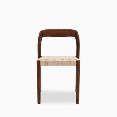 A wooden dining chair with a woven seat. The chair features a solid wood frame with gently curved backrest and legs. The seat is constructed from tightly woven natural fiber ropes or cords, providing a textured surface. — 3D model