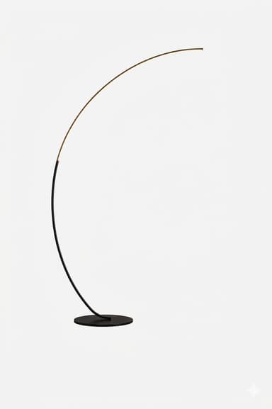 A modern arched floor lamp featuring a slender, curved metal stem that transitions from a matte black finish at the base to a brass-toned finish along the upper arc. The lamp is supported by a flat, circular black base. The light source appears to be an integrated LED located at the tip of the curved arm, providing a clean, minimalist aesthetic without a traditional lampshade. — 3D model