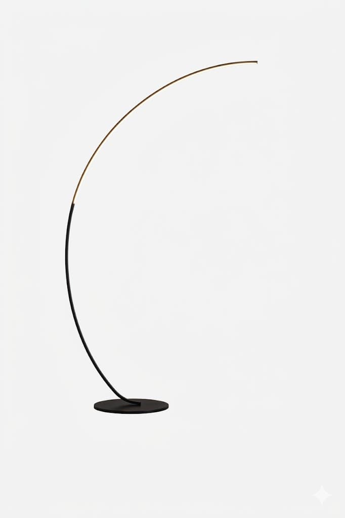 A modern arched floor lamp featuring a slender, curved metal stem that transitions from a matte black finish at the base to a brass-toned finish along the upper arc. The lamp is supported by a flat, circular black base. The light source appears to be an integrated LED located at the tip of the curved arm, providing a clean, minimalist aesthetic without a traditional lampshade. — 3D model