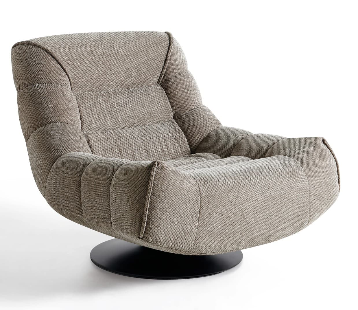 A contemporary upholstered swivel lounge chair featuring a deeply cushioned, rounded form in a neutral textured fabric, supported by a circular black disc base. — 3D model