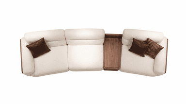 A contemporary modular sectional sofa featuring cream-colored boucle upholstery on plush seating and backrests, accented by dark walnut wood frames with rounded edges. The sofa includes an integrated wooden console table between two seating modules, offering both surface space and a lower storage compartment. — 3D model