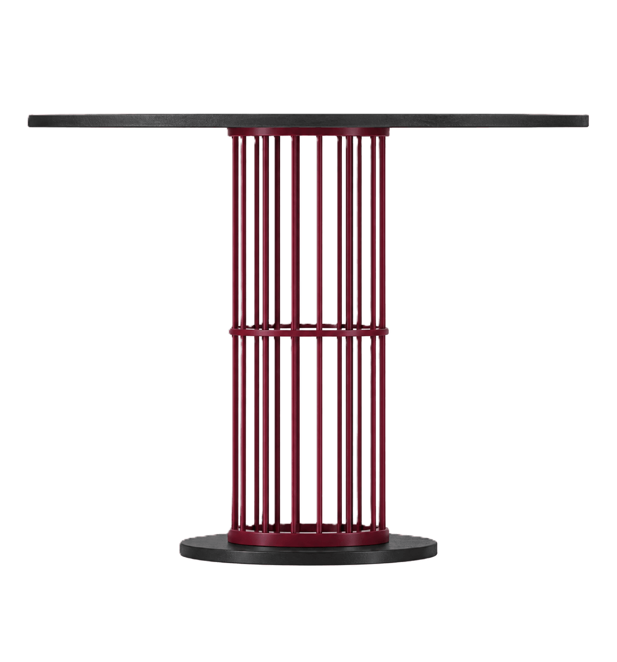 A modern console table featuring a rectangular black top and a contrasting cylindrical base composed of vertical red metal slats. The base rests on a flat, rectangular black plinth. — 3D model