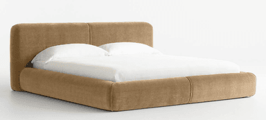 A modern upholstered bed frame with a low profile and a curved headboard. The bed is covered in a textured fabric and includes a mattress with white linens and pillows. — 3D model