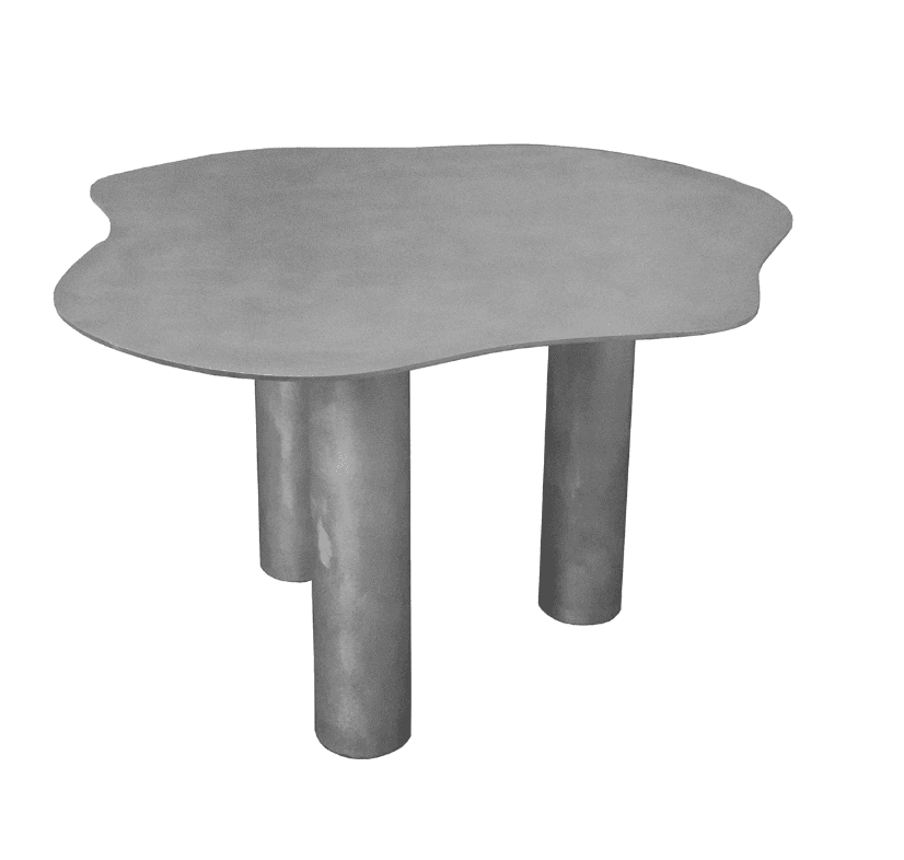 A modern coffee table with an irregularly shaped, organic tabletop and three cylindrical legs. The surface appears smooth and matte, and the overall form is sculptural and minimalist. — 3D model