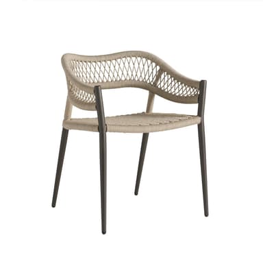 A modern armchair featuring a woven rope seat and backrest, supported by a dark, slender metal frame and tapered legs. — 3D model