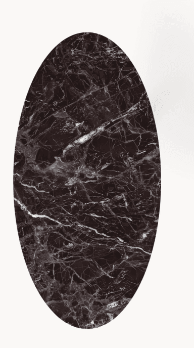 An oval-shaped side table featuring a dark, veined marble top supported by a single cylindrical pedestal base and a matching oval base plate, all in a reddish-brown hue. — 3D model