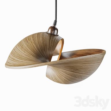 A pendant light fixture featuring an abstract, sculpted shade composed of layered, thin strips resembling wood veneer or a similar natural material. The shade has a dynamic, flowing form with a visible inner core. It is suspended by a dark fabric-covered cord attached to a metallic, antique-finish ceiling canopy. — 3D model