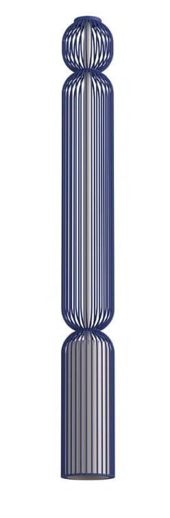 A tall, slender floor lamp with a cage-like design. The lamp has a central cylindrical column, encased by a series of vertical, dark blue metal rods. These rods are arranged in a way that creates a series of bulbous or rounded sections at the top, middle, and bottom, with a narrower section in between. The interior of the cage appears to be a lighter, possibly metallic or white material, which would house the light source. — 3D model