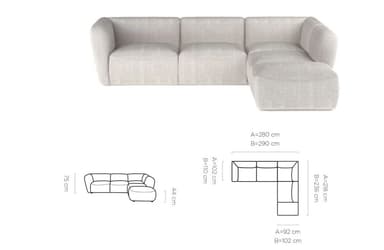 A large, L-shaped sectional sofa with a low profile and rounded edges. It is upholstered in a textured, light-colored fabric and features several throw pillows. The sofa is placed on a light gray rug in a living area. — 3D model