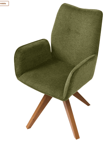 A modern swivel armchair featuring an upholstered olive green fabric seat and backrest with integrated armrests. The chair is supported by a splayed four-leg wooden base with visible metal hardware, allowing the seat to swivel. — 3D model