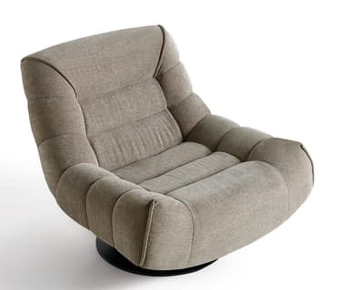 A modern armchair with a low profile and a unique curved silhouette. The armchair features deep tufting across the seat and back, creating a series of upholstered panels. It is supported by a flat, circular swivel base in a matte black finish. The overall design suggests comfort and contemporary aesthetics. — 3D model