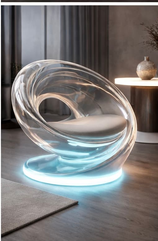 A modern, artistic chair with a sculptural, swirling design. The primary structure appears to be made of a clear, glossy material, possibly acrylic or resin, that wraps around to form the seating area and base. It features a smooth, integrated seat cushion in a light neutral color. The base is illuminated with a soft blue light, adding a futuristic aesthetic. The overall form is organic and abstract, resembling a vortex or a fluid shape captured in solid form. — 3D model
