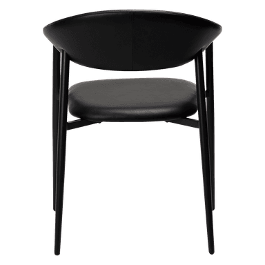 A modern armchair with a curved backrest and seat, upholstered in black material. It features a minimalist design with slim, black metal legs and armrests that blend seamlessly with the frame. — 3D model