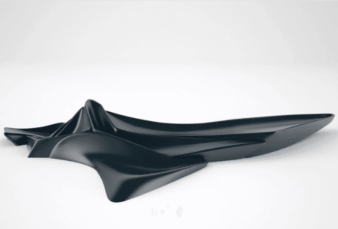 An abstract, biomorphic decorative object with a high-gloss finish, characterized by its fluid, undulating forms and deep, dark teal color. The sculpture features a series of peaks and valleys, creating an elongated, organic profile that suggests movement and natural erosion, or perhaps a futuristic design. Its surface reflects light, highlighting the smooth curves and the rich color. — 3D model