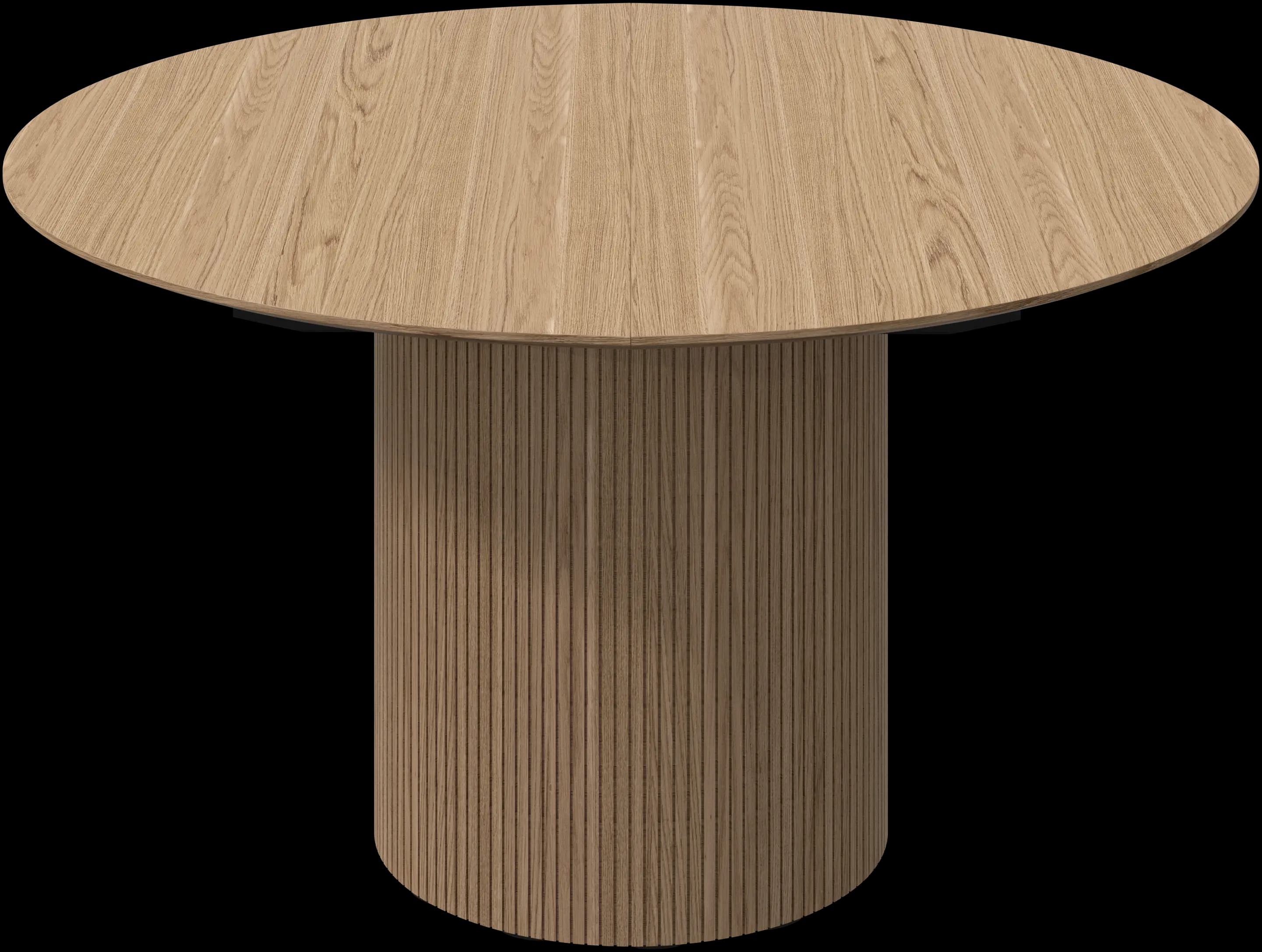 A contemporary round dining table with a natural wood top and a cylindrical pedestal base featuring vertical fluting. — 3D model
