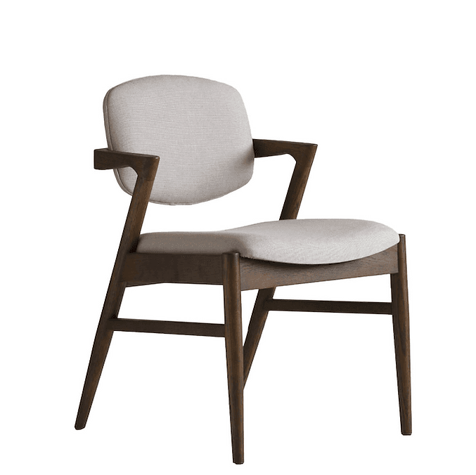 A modern armchair with a wooden frame and upholstered seat and backrest. The frame features tapered legs and armrests that extend from the backrest structure. The upholstery is a light, neutral color with a visible fabric texture. — 3D model