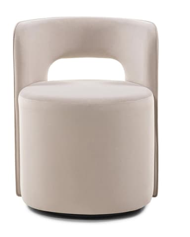 A contemporary upholstered accent chair featuring a rounded, barrel-like silhouette, a low backrest with a distinctive cutout, and a fully upholstered cylindrical base, suggesting a swivel mechanism. The chair is covered in a light beige, plush fabric. — 3D model