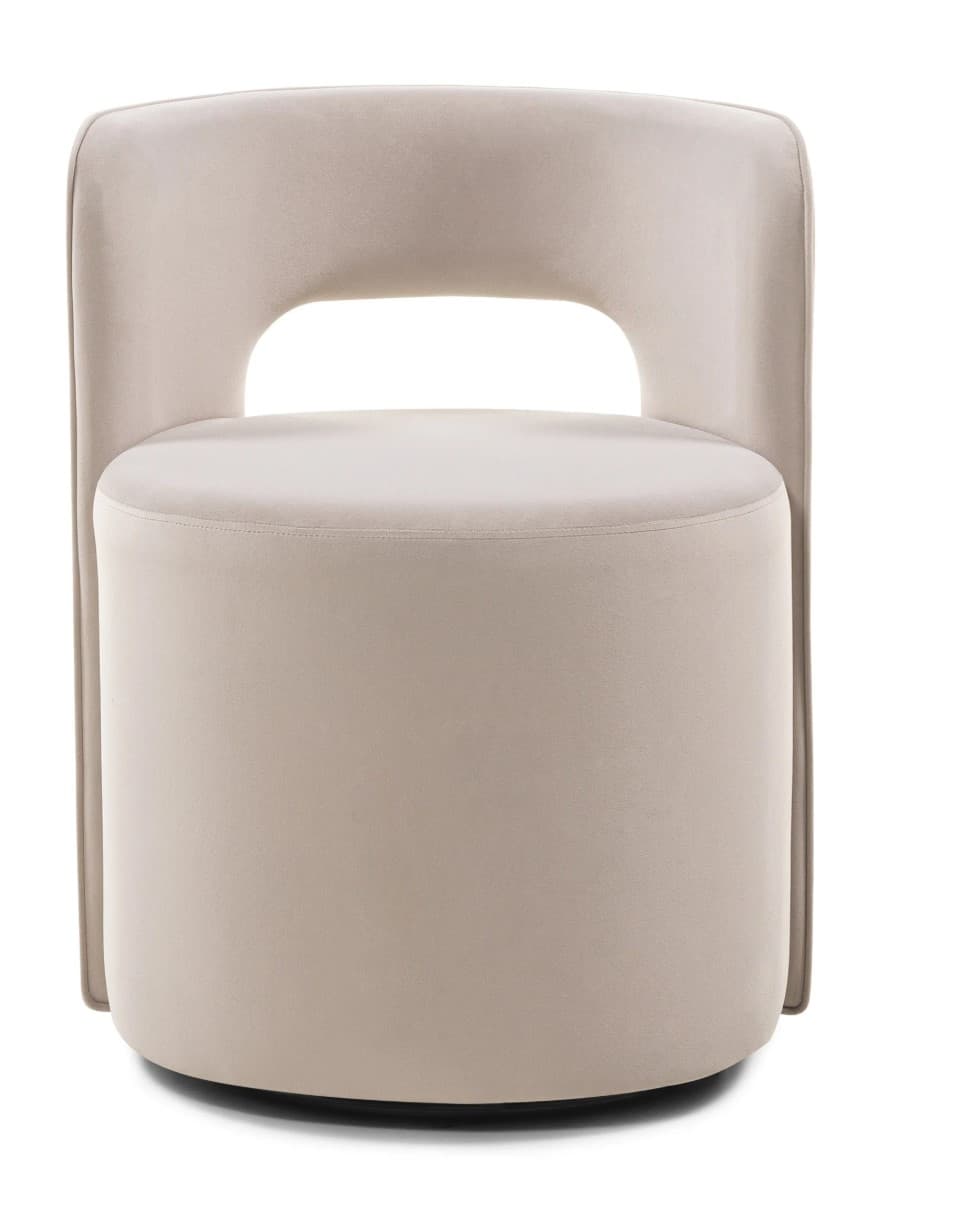 A contemporary upholstered accent chair featuring a rounded, barrel-like silhouette, a low backrest with a distinctive cutout, and a fully upholstered cylindrical base, suggesting a swivel mechanism. The chair is covered in a light beige, plush fabric. — 3D model