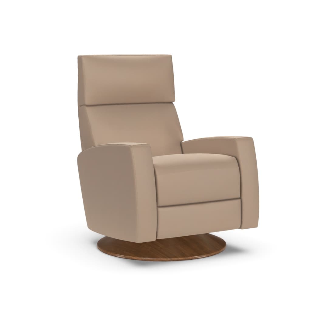 A modern, upholstered recliner featuring a high back, integrated armrests, and a circular wooden swivel base, presented in a light beige color. — 3D model