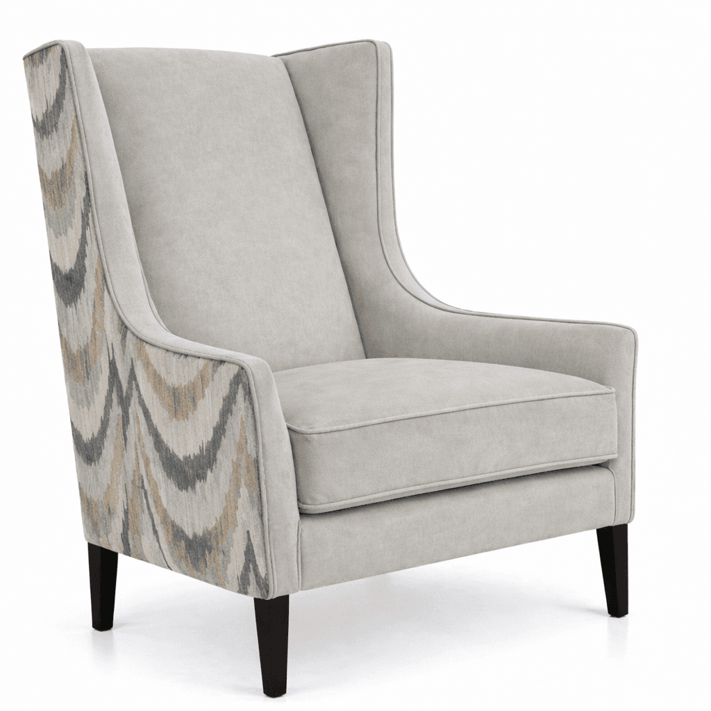A wingback accent chair with a high back and padded seat and back cushions. The chair features dark wooden legs and patterned upholstery on the sides of the backrest and arms. — 3D model