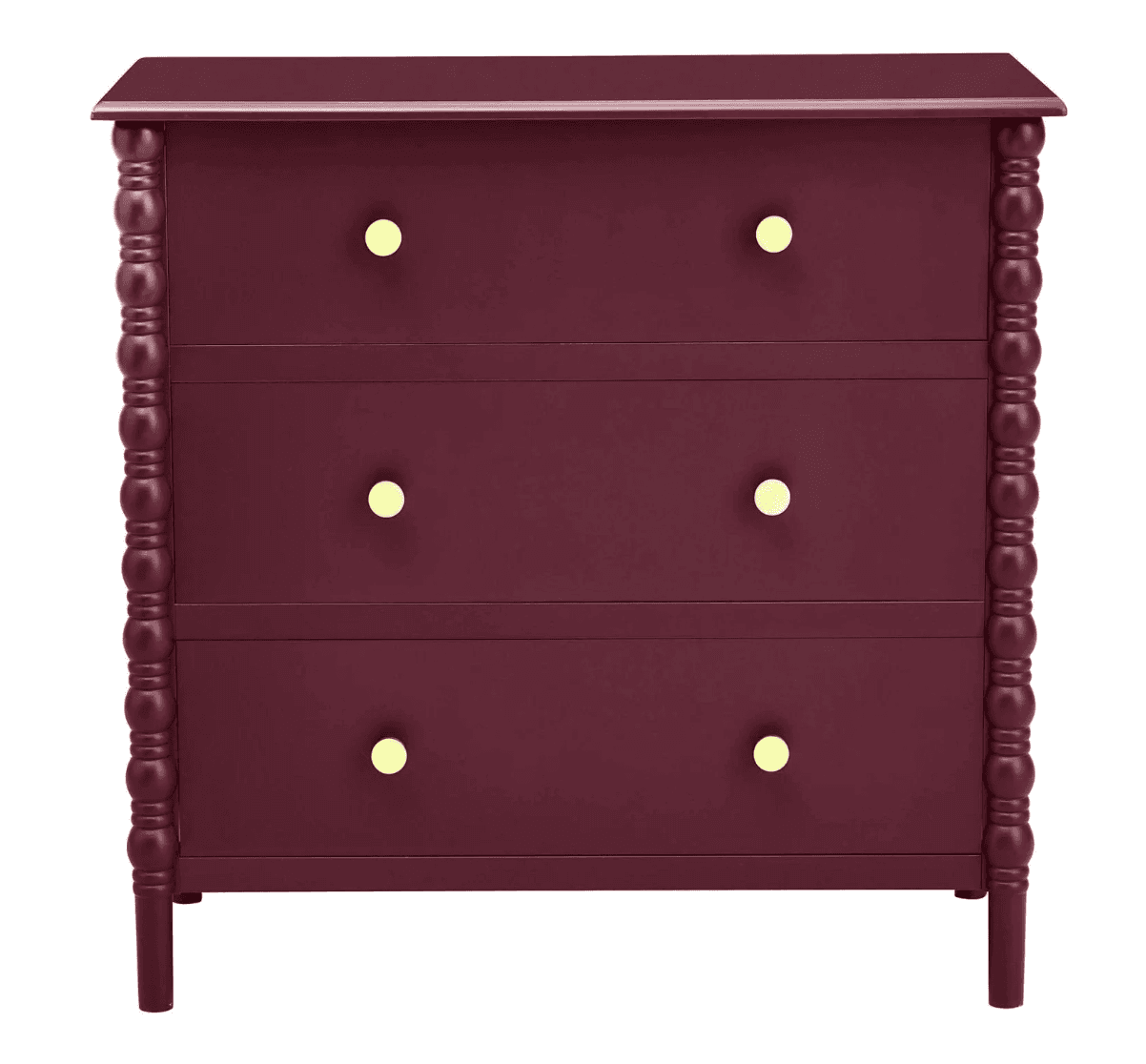 A contemporary three-drawer dresser featuring a deep burgundy finish, a flat top surface, and distinctive bobbin-turned side posts and legs. Each drawer is adorned with two circular brass-toned knobs. — 3D model